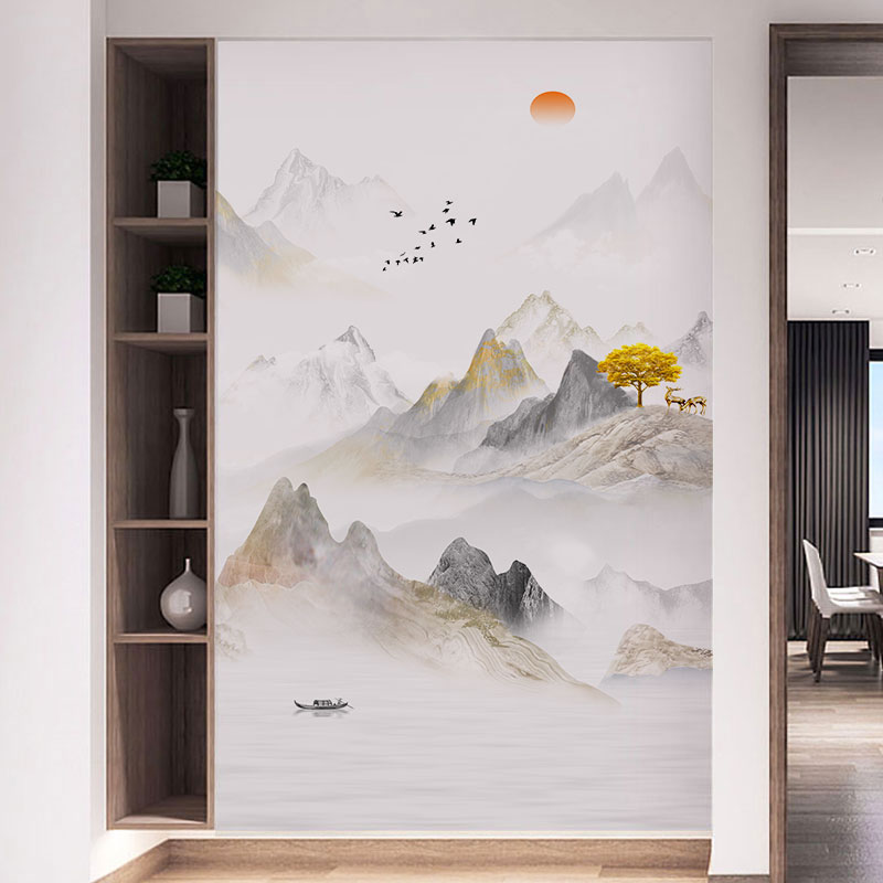 壁纸中式3cd立体水墨山水玄关背景墙壁纸复式别墅壁布客厅墙布壁