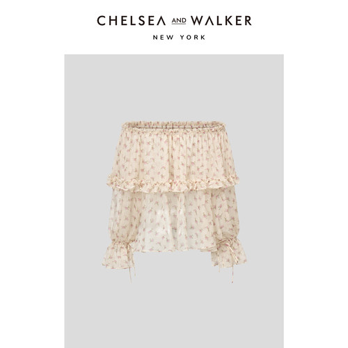 Chelsea and Walker氛围感小碎花荷叶边一字肩桑蚕丝上衣