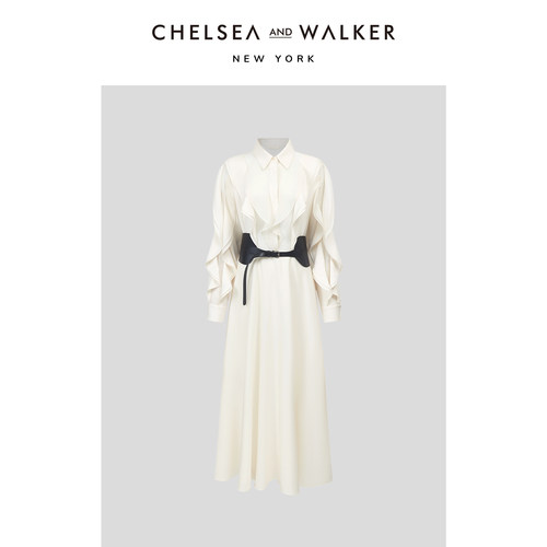 Chelsea and Walker高级感荷叶边拼网纱醋酸连衣裙