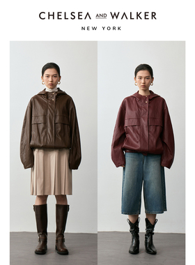 Chelsea and Walker廓形感软皮连帽皮衣秋冬新款宽松遮肉高级外套