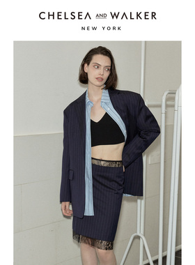 Chelsea and Walker海妖风开衩蕾丝拼接西装裙气质绣花裙半身裙