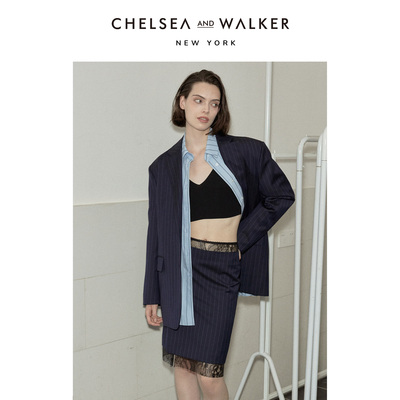 Chelsea and Walker海妖风开衩蕾丝拼接西装裙气质绣花裙半身裙春