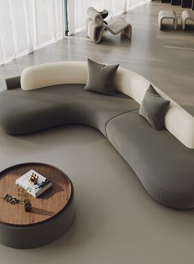 灰色弧形转角沙发客厅轻奢L型网红款异形美容院办公室休息区接待