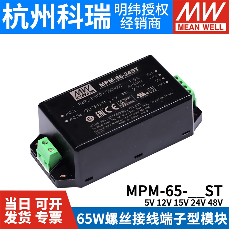 明纬MPM-65-ST开关电源65W5/12/15/24/48V医疗级接线端子型模块