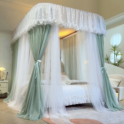 24新款U型轨道式蚊帐加粗导轨支架双层三开门床帘落地公主风家用