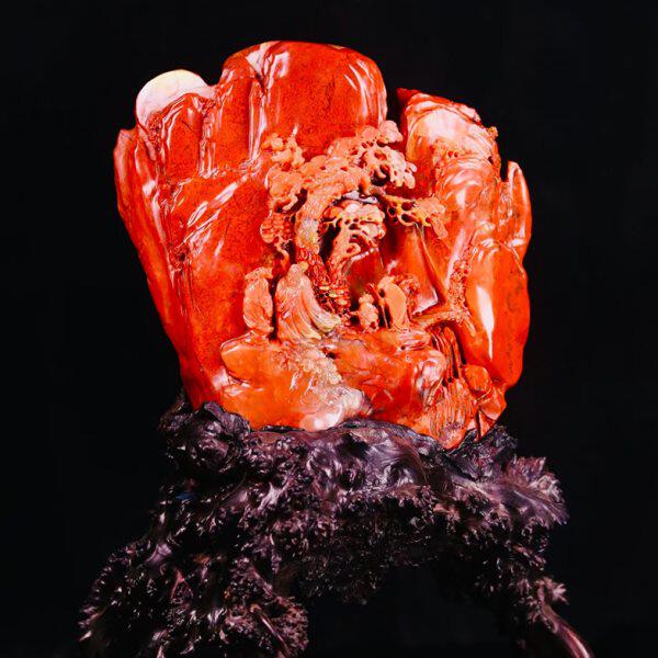 福建寿山石富贵山居图摆件朱砂红家居装饰玄关摆设手工原石工艺