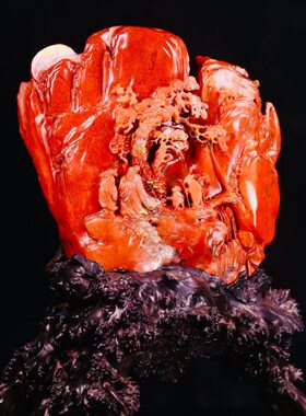 福建寿山石富贵山居图摆件朱砂红家居装饰玄关摆设手工原石工艺