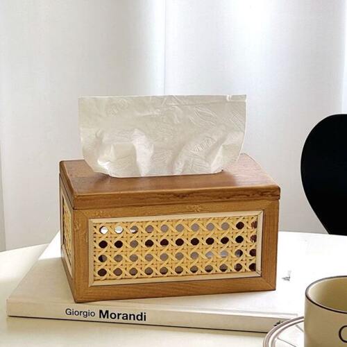 日式实木纸巾盒复古高级感手工编织藤编卫生纸盒家用客厅饭厅轻奢