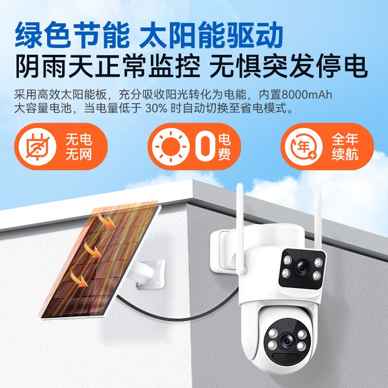 太阳能监控摄像头无电无网双画面手机远程低功耗4g摄像头全景高清