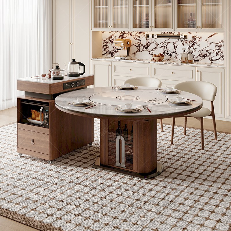 可分离式岛台餐桌一体家用中古风可伸缩岩板实木圆桌智能暖菜转盘