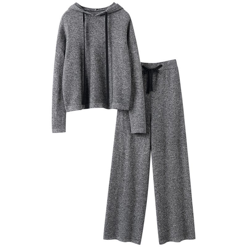 黑白!连帽套头常规长袖上衣宽松型直筒阔腿针织裤羊绒套装女显瘦