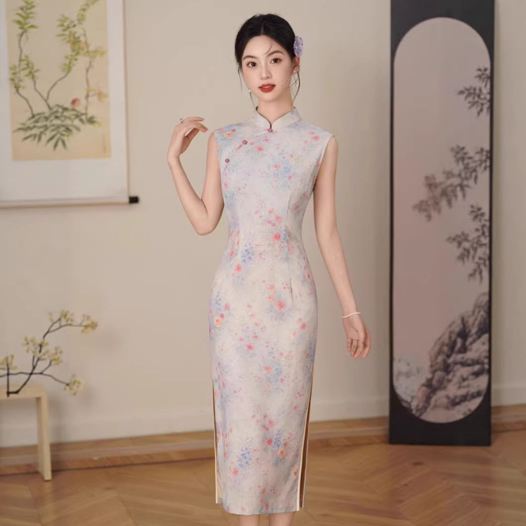 2026春夏新款旗袍仿丝麻长款无袖印花低开叉立领气质修身旗袍现货