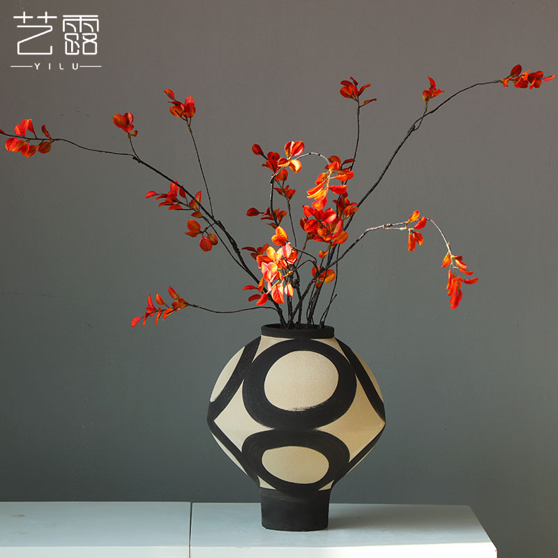 日式侘寂风黑色复古粗陶素烧陶罐花瓶大号艺术摆件U客厅中古软装