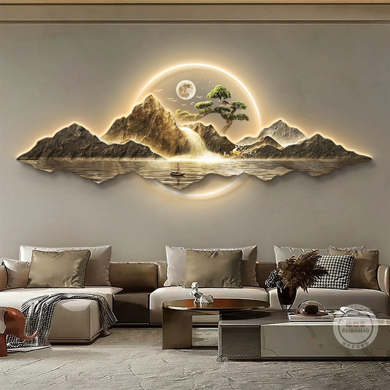 3D背有靠山轻奢客厅壁画 画新中B式沙发壁纸高级感大气山水壁画