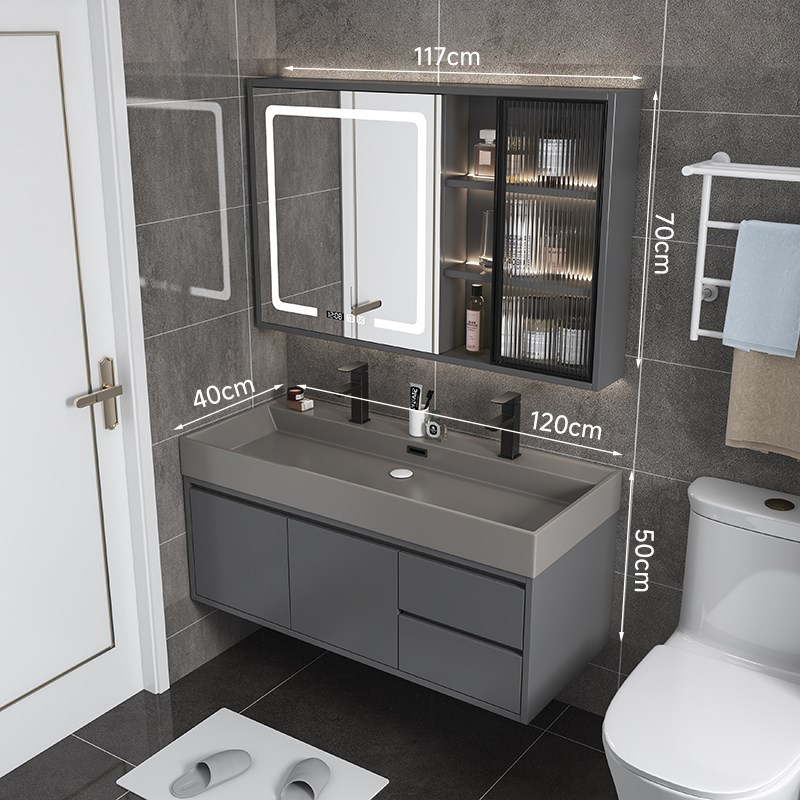 轻奢灰双龙头一体盆浴室柜组合小户型卫生间洗漱台40Wcm宽洗手脸