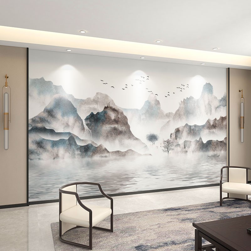 墙纸定制3d立体中式山水电视背z景墙壁布油画壁纸客厅装饰墙布壁