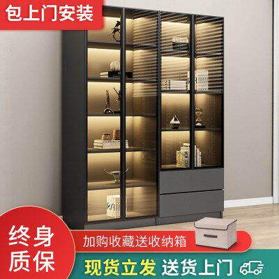 书柜书架一体组合现代简约带玻璃门轻奢储物柜落地展示柜架子书橱