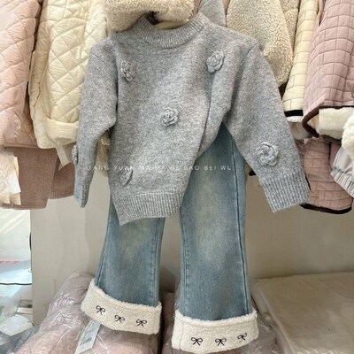 女童加绒牛仔裤喇叭裤中大童羊羔绒直筒裤秋冬韩版加厚卷边长裤子