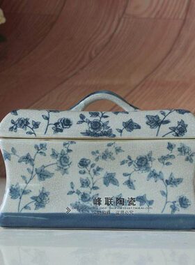 复古风 裂纹青花瓷摆件 陶瓷长方盒 瓷器收纳盒 客厅书房软装摆设