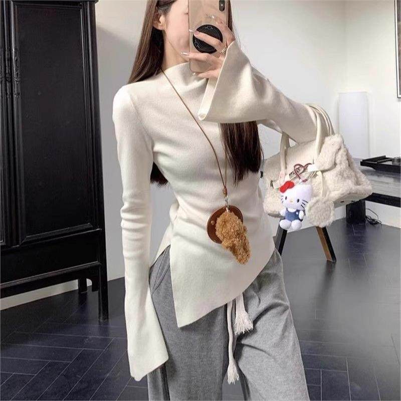 甜辣半高领毛衣女秋冬内搭斜领喇叭袖高级感修身开叉针织打底上衣,女装/女士精品,POLO衫,淘宝优惠券,粉丝福利购,淘宝优惠卷