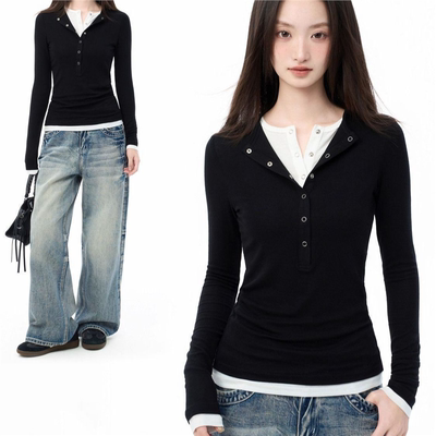iiiamX黑色v领假两件长袖t恤女秋2025新款修身紧身内搭打底衫上衣