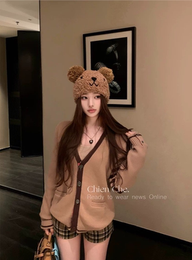 车迟恩Chien 复古撞色针织开衫上衣秋冬千金感长袖宽松毛衣外套女