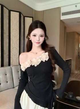 Forever21超好看黑色斜肩花朵飘带小衫女法式气质收腰长袖T恤上衣
