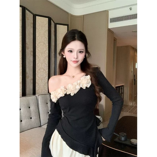 Forever21超好看黑色斜肩花朵飘带小衫女法式气质收腰长袖T恤上衣