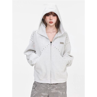 「CHANT2nd」韩系腊肠狗连帽卫衣外套女设计感小众铆钉拉链开衫 秋