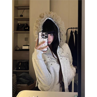 ICH MODE 美式珍珠毛领卫衣外套女2025新款早秋短款修身开衫上衣