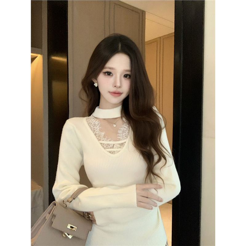 纯欲镂空蕾丝拼接针织衫女秋冬内搭V领挂脖毛衣修身打底衫上衣潮,女装/女士精品,POLO衫,淘宝优惠券,粉丝福利购,淘宝优惠卷