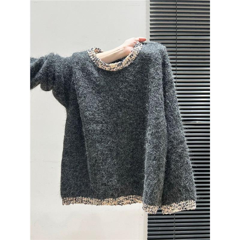灰色韩系长袖加厚毛衣女外套2025年秋冬季宽松毛绒针织打底衫上衣