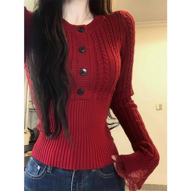 圣诞新年红色蕾丝边麻花收腰毛衣女秋冬内搭打底miu系针织衫上衣,女装/女士精品,POLO衫,淘宝优惠券,粉丝福利购,淘宝优惠卷