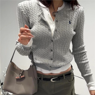 Ariseism美式复古圆领修身针织开衫女2025秋季新款内搭毛衣外套