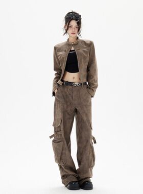 YOUNG STAGE 美式复古棕色皮衣外套女秋季辣妹修身短款机车夹克潮