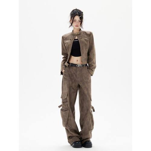 YOUNG STAGE 美式复古棕色皮衣外套女秋季辣妹修身短款机车夹克潮