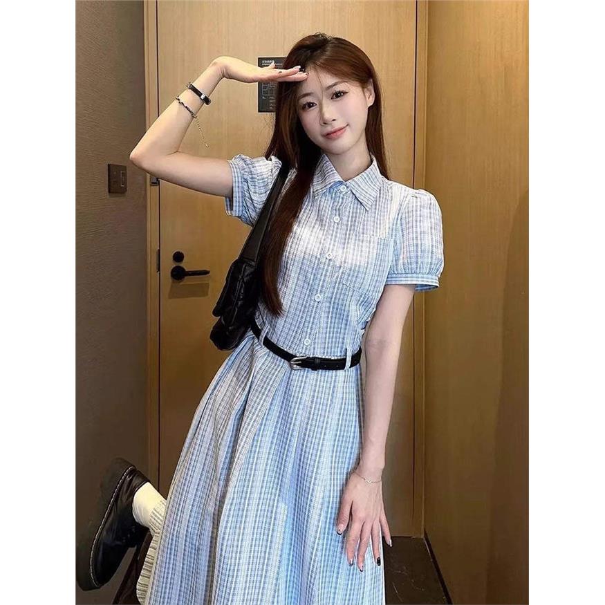 蓝色条纹气质洋装女夏季