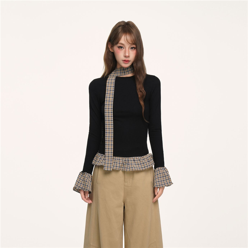 BYEMYPIE韩系格纹拼接长袖T恤女秋季辣妹修身显瘦内搭打底衫上衣