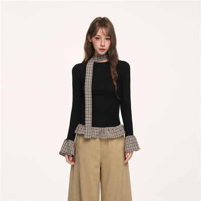 BYEMYPIE韩系格纹拼接长袖T恤女秋季辣妹修身显瘦内搭打底衫上衣