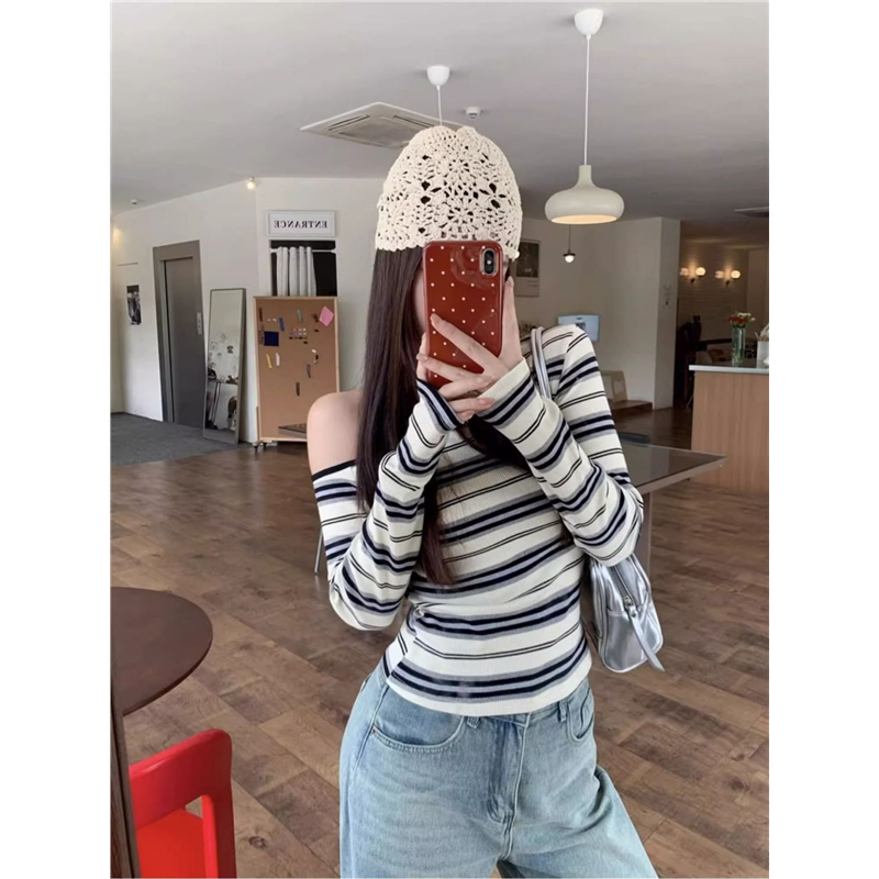 Forever 21韩系条纹chic斜肩针织上衣女独特收腰打底衫设计感上衣