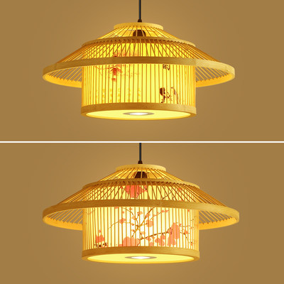 饭店竹编吊灯餐厅包房包厢装饰灯新中式竹艺灯笼火锅店带射灯灯具
