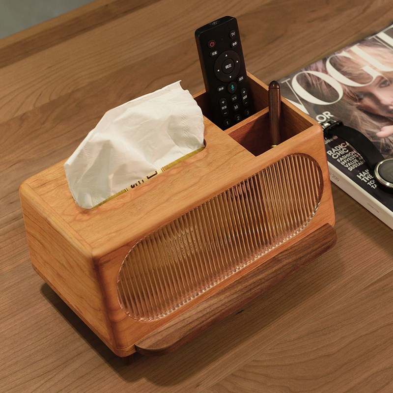 实木纸巾盒多功能手机架中古胡桃木高级感抽纸盒茶几遥控器收纳盒