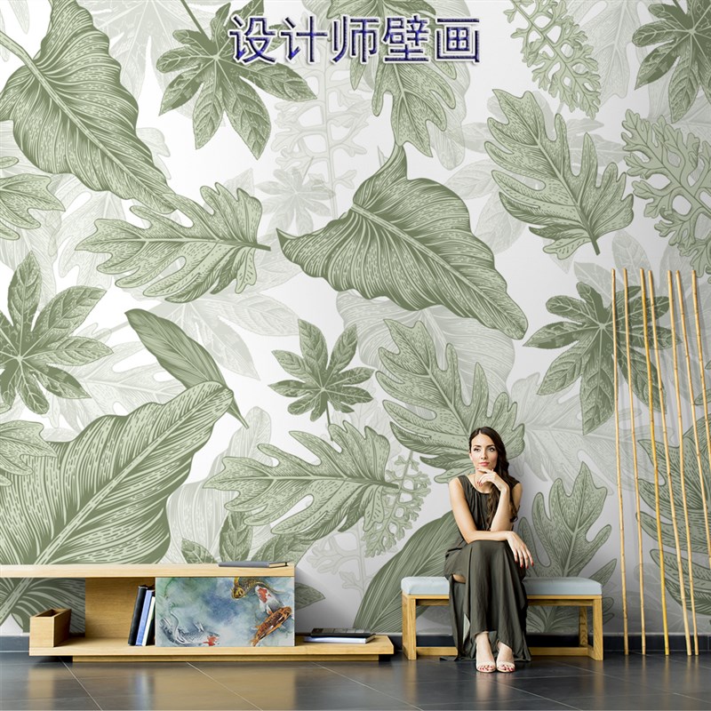 法式热带植物叶子壁纸高级感田园D素色墙布客厅会所酒店背景墙纸