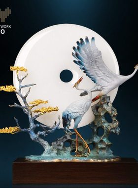 雅约全铜摆件玉石平安扣松鹤延年家居客厅茶室玄关装饰贺寿工艺品