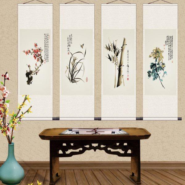 水墨梅兰竹菊四条屏国画花鸟中式挂画客厅沙发背景墙装饰画四联