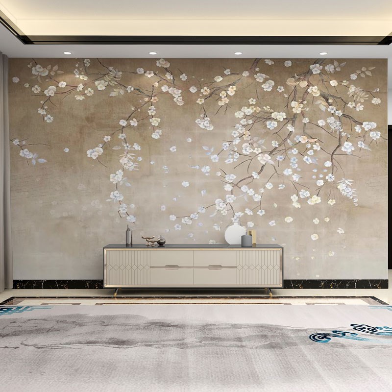 墙纸定制3d立j体中式梅花电视背景墙壁纸客厅花鸟壁布装饰墙布壁