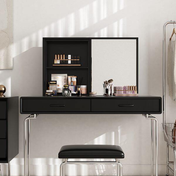 意式轻奢梳妆台黑色包豪斯中古斗柜一体化妆桌烤漆伸缩简约奶油风