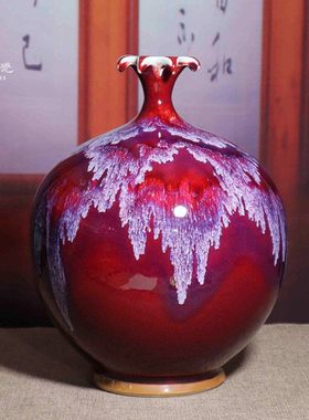 禹州钧瓷花瓶中式家居客厅装饰陶瓷器创意摆件钧窑变红色花釉石榴