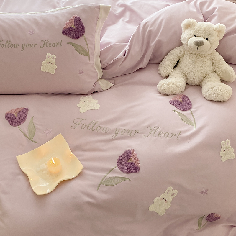 少女心100支长绒棉四件套可爱兔子毛巾绣被套柔软R全棉床上用品1.