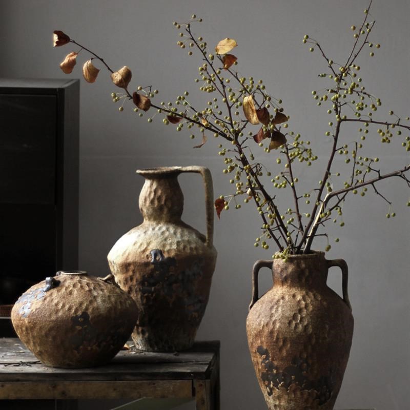 覆古花瓶彷古粗陶陶罐插干 干燥花器花盆侘寂风民P宿高级感家居陶